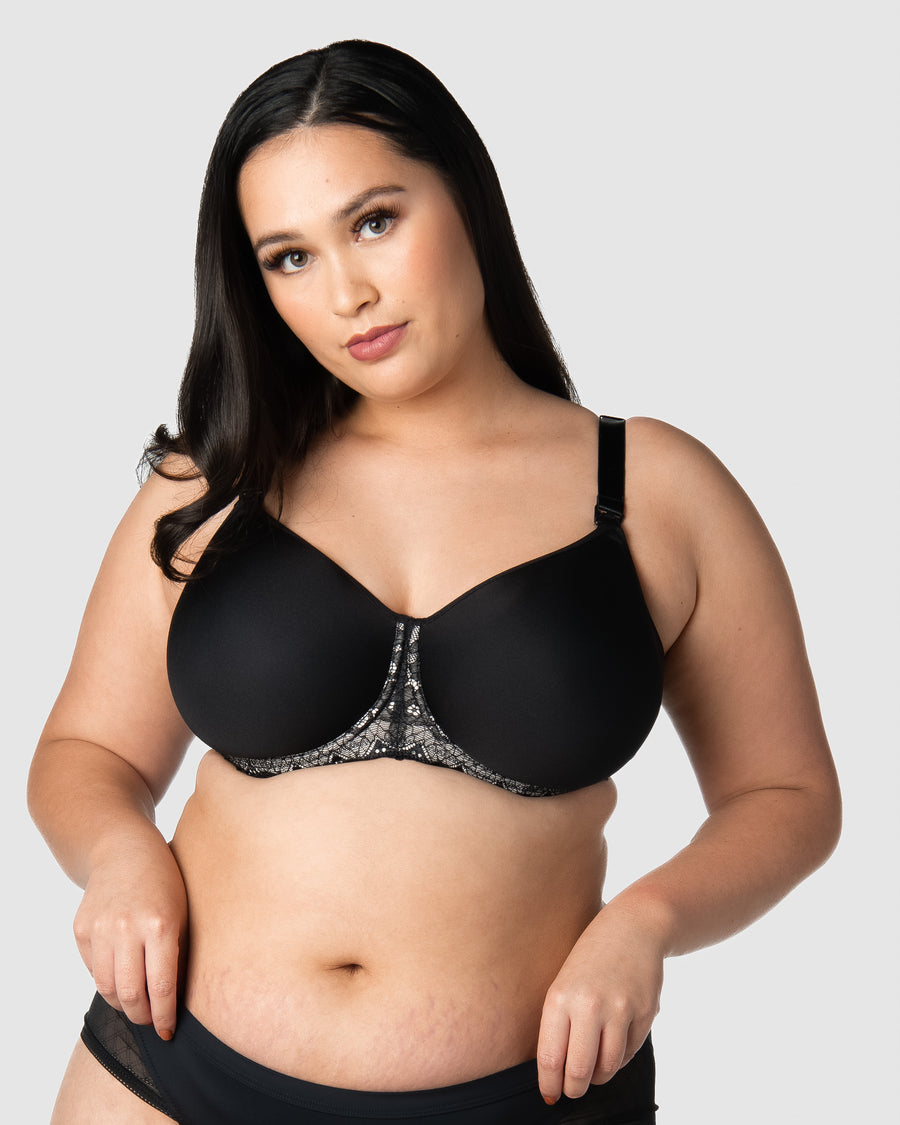 HOTMILK OBSESSION JET BLACK CONTOUR NURSING MATERNITY BRA - FLEXI UNDERWIRE MATCHED WITH LUNAR ECLIPSE MATERNITY BIKINI BRIEF