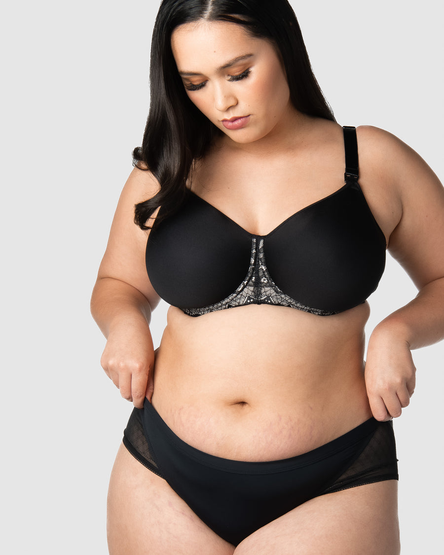 HOTMILK OBSESSION JET BLACK CONTOUR NURSING MATERNITY BRA - FLEXI UNDERWIRE MATCHED WITH LUNAR ECLIPSE MATERNITY BIKINI BRIEF