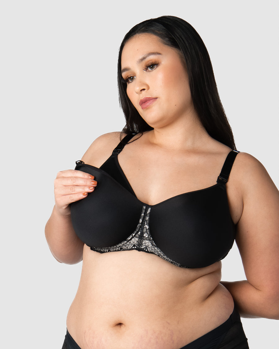 HOTMILK OBSESSION JET BLACK CONTOUR NURSING MATERNITY BRA - FLEXI UNDERWIRE MATCHED WITH LUNAR ECLIPSE MATERNITY BIKINI BRIEF