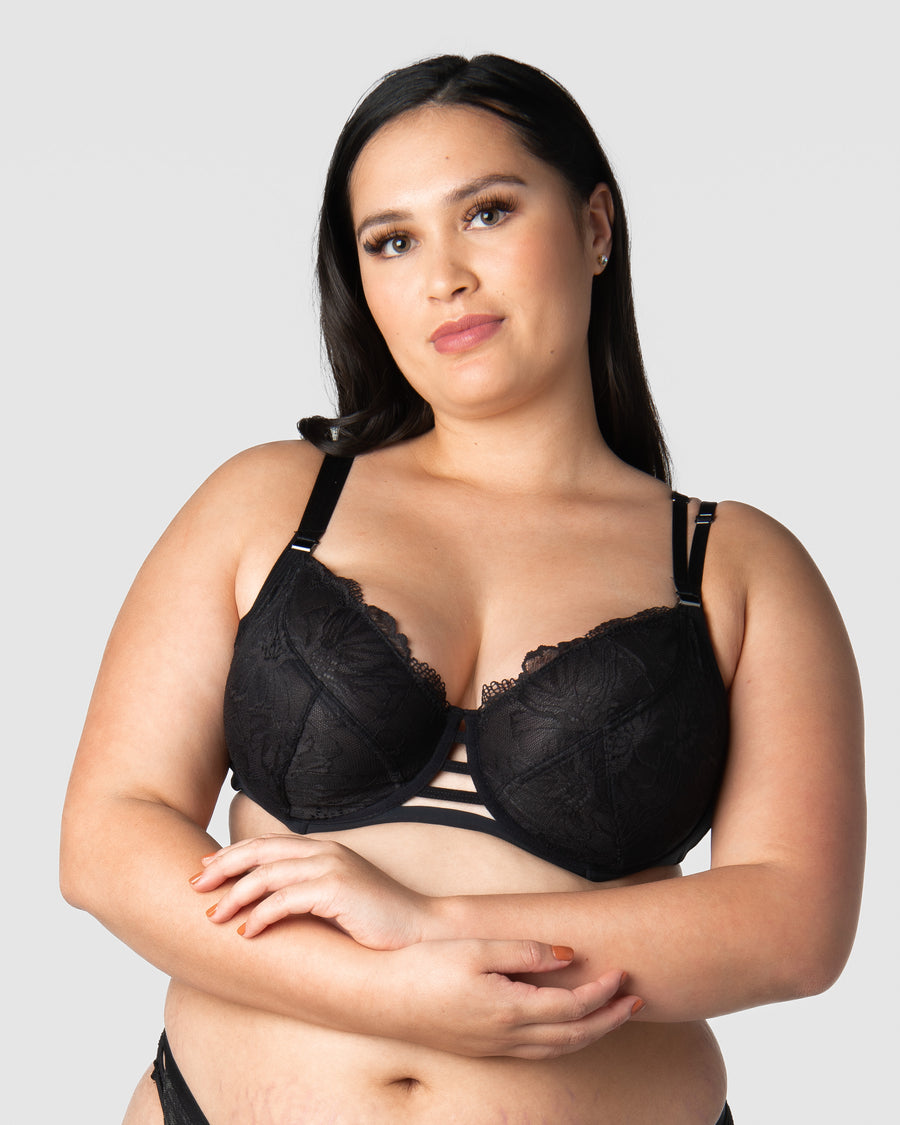Hotmilk elevates the concept of luxury in maternity and nursing bras with the True Luxe collection. Revel in true opulence with this luxuriously refined large floral lace nursing bra. Tiare confidently showcases size 16/38F, highlighting the exquisite twin strap detailing, semi-sheer full cup coverage, and flexi underwire support. Thrive throughout your breastfeeding journey with this stunning bra, catering to cup sizes up to J, without any compromis