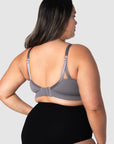 Tiare, Mother of 2, Spotlights the Seamless Design and Back View of My Necessity Wirefree Maternity and Nursing Bra. Revel in Full Cup Coverage with Unparalleled Uplift, Boasting 6 Rows of Hook and Eyes on the Extendable Band, all in the Striking New Color Slate – Redefine Your Comfort and Style Journey.
