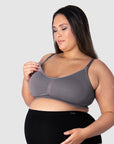 Tiare, Mother of 2, Showcases the Traditional Nursing Clip on My Necessity Wirefree Maternity and Nursing Bra. Revel in Full Cup Coverage and Unparalleled Uplift in the Striking New Color Slate – Redefine Your Comfort and Style Journey