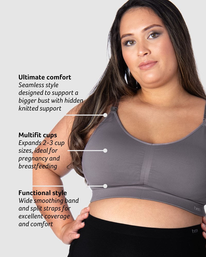 Explore the Distinctive Features of Hotmilk Lingerie's My Necessity Wirefree Maternity and Nursing Bra, Demonstrated by Tiare, Mother of 2. Revel in the Seamless Design, Full Cup Coverage, and Unparalleled Uplift, Enhanced with 6 Rows of Hook and Eyes on the Extendable Band. All in the Stunning New Color Slate – Redefine Your Comfort and Style Experience