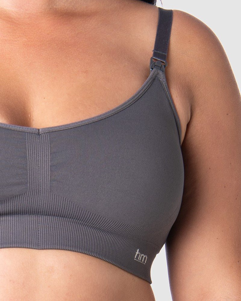 Explore the Exquisite Details of Hotmilk Lingerie's Ultimate Maternity and Nursing Wirefree Bra. Seamfree, Wirefree, and Enhanced with Traditional Plastic Nursing Clips in the Stunning New Color Slate – Ideal for Sleep, Unmatched Comfort, and a Essential Addition to Your Hospital Bag
