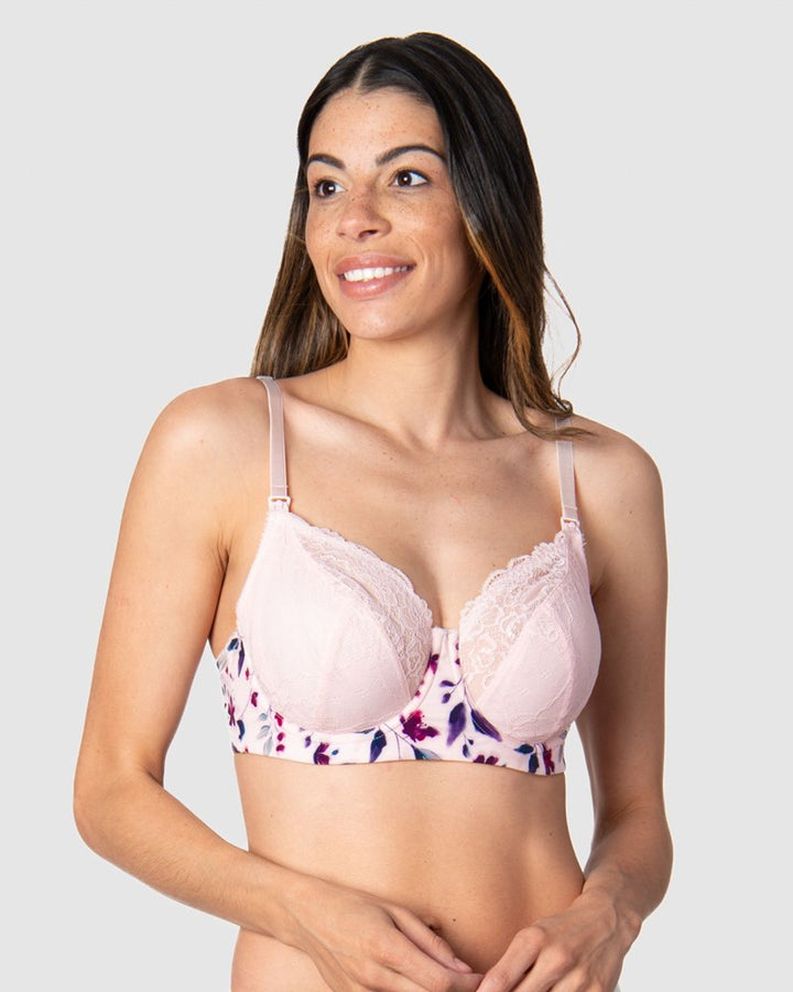 Experience the Elegance as Kami, Mother of 2, Shines in the New Color Release of Hotmilk Lingerie's Award-Winning Temptation Flexiwire Maternity and Nursing Bra. Adorned with a Beautiful Floral Bloom Print and Soft Blush Lace, It Embodies Feminine Strength for New Mothers. Available Up to a J Cup, Redefine Your Comfort and Style with the Best Nursing Bra